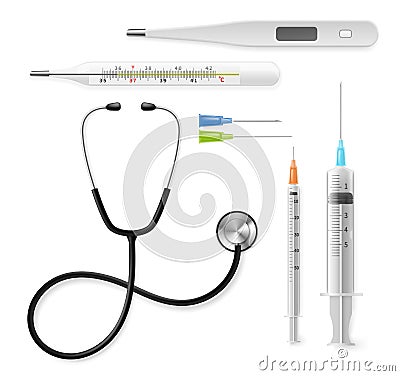 Realistic medical instruments. 3d hospital diagnostic and treatment tools, doctors and nurses equipment, stethoscope and Stock Photo