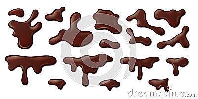 Realistic melted chocolate. Liquid drips and splashes of dark brown syrup on white background. Vector isolated 3D Vector Illustration