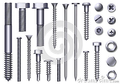 Realistic metal bolts, steel nuts, rivets and screws. Stainless construction hardware top and side view. Chrome bolt and Vector Illustration