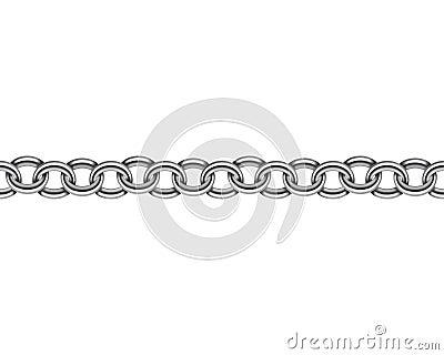 Realistic metal chain seamless texture. Silver color chains link isolated on white background. Strong iron chainlet solid three Vector Illustration