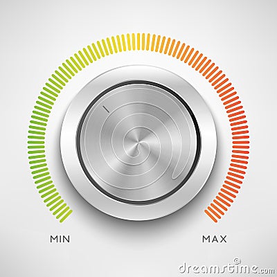 Realistic metal control panel tumbler. Music audio sound volume knob button minimum maximum level. Rotate switch interface. Vector Vector Illustration