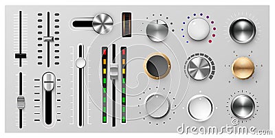 Realistic metal dashboard dial. Radio panel knobs. Round buttons and adjustment levels for stereo sound and music Vector Illustration