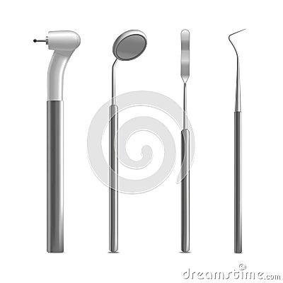 Realistic Metal Dental Equipment or Instruments Set. Vector Vector Illustration