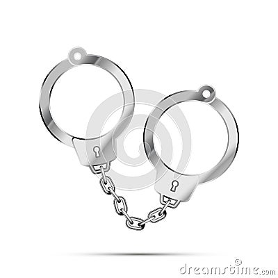 Realistic metal police handcuffs with shadow isolated on white Stock Photo