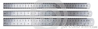 Realistic metal ruler. Measuring tool, 12 inches and 30 centimeters rulers isolated vector set Stock Photo