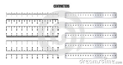 Realistic metal rulers with black centimeter scale for measuring length or height. Various measurement scales with Vector Illustration