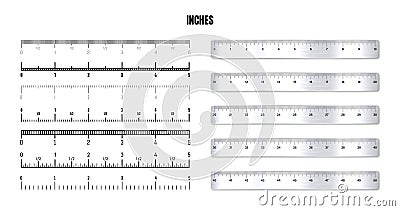 Realistic metal rulers with black inch scale for measuring length or height. Various measurement scales with divisions Vector Illustration