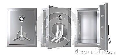 Realistic metal safe with opened and closed door. Armored box vector illustration. Vector Illustration