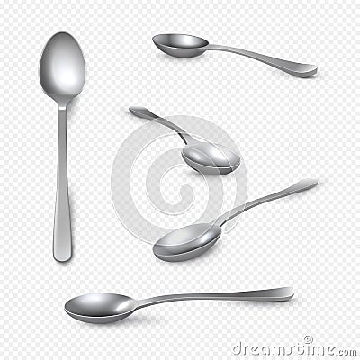 Realistic metal spoon. 3D silver teaspoon isolated on white, stainless steel shiny tablespoon. Vector isometric set of Vector Illustration