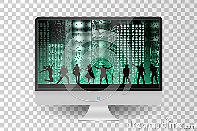 Realistic metallic modern TV monitor isolated. Band show on night city background Vector Illustration