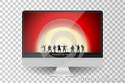 Realistic metallic modern TV monitor isolated. Band show on sunset background Vector Illustration