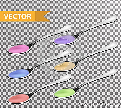 Realistic Metallic teaspoon with liquid, syrup set. 3d tablespoon collection. Isolated on a transparent background Vector Illustration