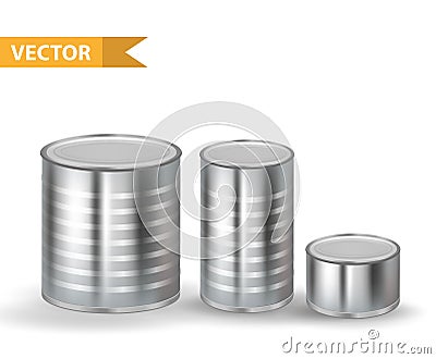 Realistic Metallic Tin Cans set. 3d Tins Containers Collection. Isolated on white background. Mock-up design for your Vector Illustration