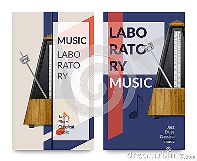 Realistic Metronome Music Notes Banner Set Vector Illustration