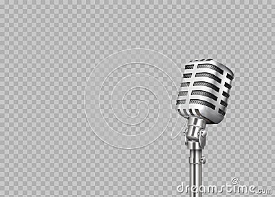 Realistic microphone. 3D professional metal mics on transparent background. Stand-up and blogging equipment. Vector Vector Illustration