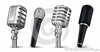 Realistic microphones. 3D studio and scene audio equipment, vintage and modern metal mics isolated on white. Vector blog Vector Illustration