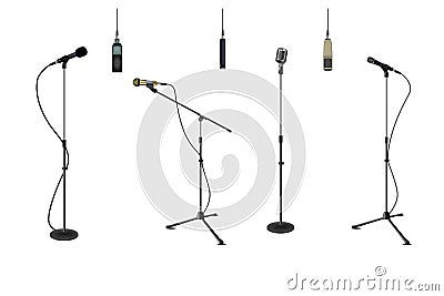 Realistic microphones. Stand mic tripod. Hanging on wire mike. Vintage stage stick. Karaoke studio. Professional concert Vector Illustration