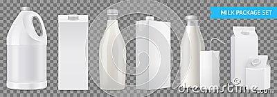 Realistic Milk Package Transparent Icon Set Vector Illustration