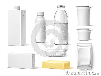 Realistic milk products. Dairy food and drinks. Different blank white packaging plastic, glass and cardboard, yogurt Vector Illustration