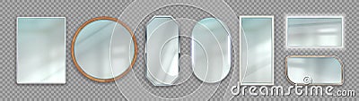 Realistic mirrors. Round and square reflective surface with wooden and metallic frames. 3D backlighted frameworks on Vector Illustration