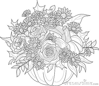 Realistic mix flower bouquet with roses, gerbera and leafs in pumpkin sketch. Vector illustration in black and white Vector Illustration