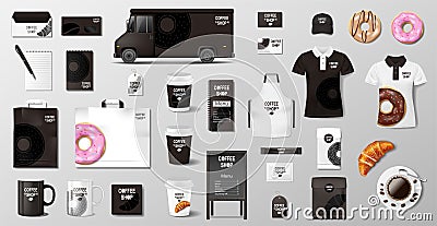 Realistic mockup for Bakery shop, Restaurant, Cafe. Corporate style Bakery food package mockup. Set of cup, pack Vector Illustration