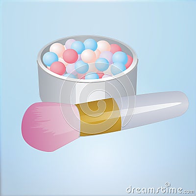 Realistic mockup open bronzing pearls box with makeup brush applicator. Vector illustration. Stock Photo