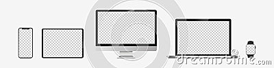 Realistic mockups of Apple devices on an isolated background. Vector set of phone, tablet, laptop and computer. Empty screen mock- Vector Illustration