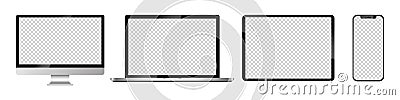 Realistic mockups of Apple devices on an isolated background. Vector set of phone, tablet, laptop and computer. Empty screen mock- Vector Illustration
