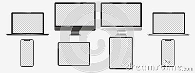 Realistic mockups of Apple devices on an isolated background. Vector set of phone, tablet, laptop and computer. Empty screen mock- Vector Illustration