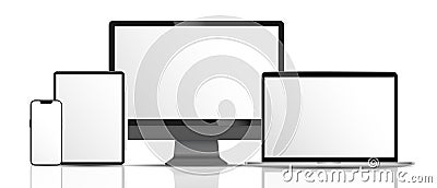 Realistic mockups of Apple devices on an isolated background. Vector set of phone, tablet, laptop and computer. Empty screen mock- Vector Illustration