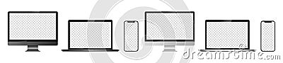 Realistic mockups of Apple devices on an isolated background. Vector set of phone, tablet, laptop and computer. Empty screen mock- Vector Illustration