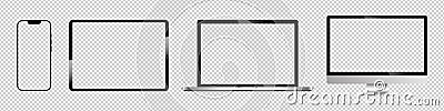 Realistic mockups of Apple devices on transparent background. Vector set of phone, tablet, laptop and computer. Empty screen mock- Vector Illustration