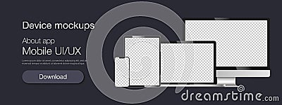 Realistic mockups computer, laptop, tablet and smartphone on an isolated background. Device screen mockup collection. Empty screen Stock Photo