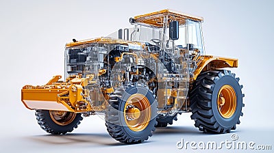realistic of a modern grader with semi transparent features, allowing a clear view of the engine and Stock Photo