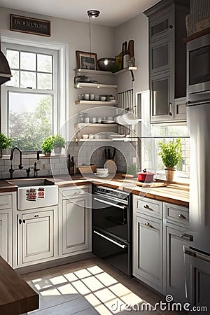 A realistic modern counter kitchen in home, Generative AI Stock Photo
