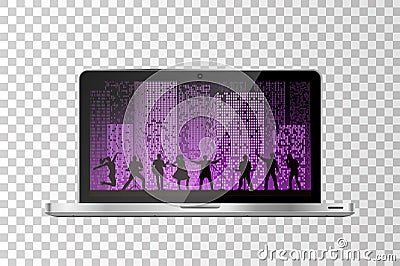Realistic modern laptop isolated. Band show on night city background Vector Illustration