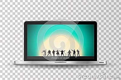 Realistic modern laptop isolated. Band show on sunset background Vector Illustration