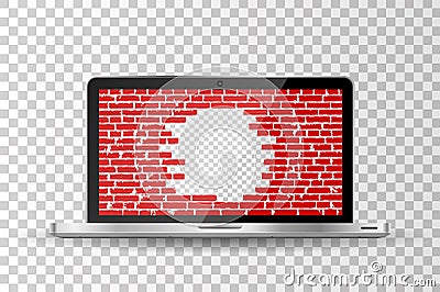 Realistic modern laptop isolated. Broken brick wall concept background Vector Illustration