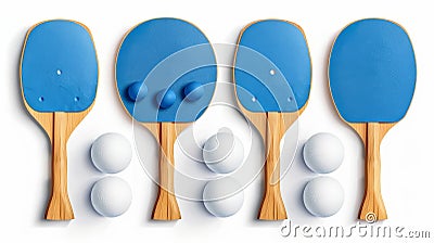 In this realistic modern set of 3D pingpong balls and sport paddles with wooden handles to the top and bottom view, you Stock Photo