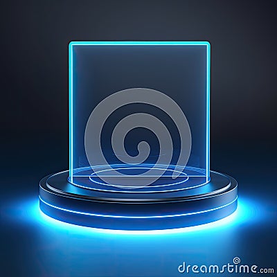 Realistic modern style with a clear glass circle and a square inside, illuminated with blue neon lines. Cartoon Illustration