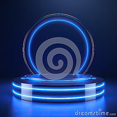Realistic modern style with a clear glass circle and a square inside, illuminated with blue neon lines. Cartoon Illustration