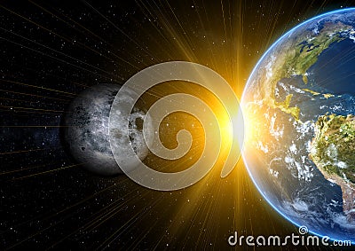 Realistic Moon and Earth between the sun Stock Photo