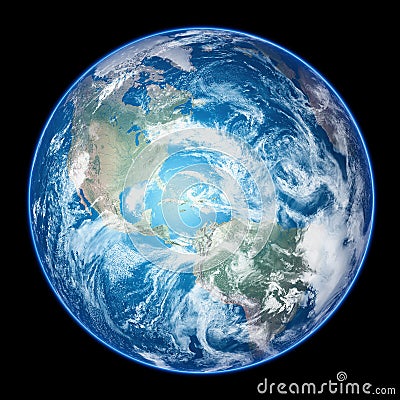 Realistic planet Earth with atmosphere isolated on black background Stock Photo