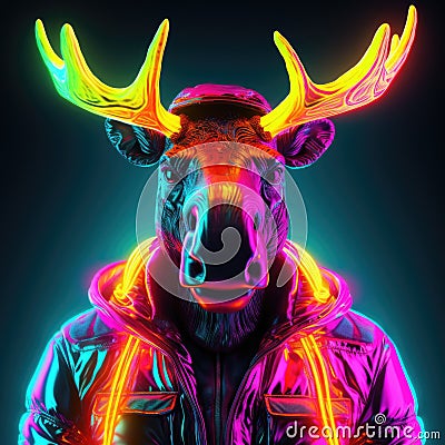 Realistic moose in fluorescent ultra-bright neon outfits Stock Photo