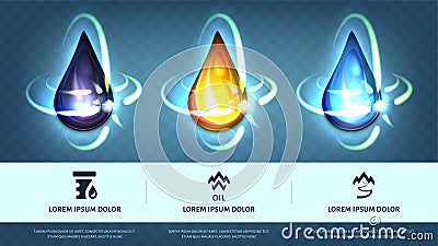 Realistic motor oil and blue water drops Vector Illustration