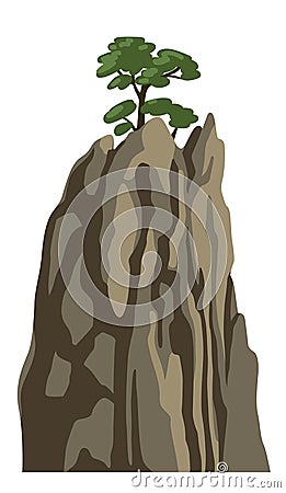 Realistic mountain with a tree on top. Rocky chinese mountain for asian landscape. Vector Illustration