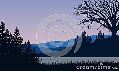 Realistic mountain view at sunset from the village with trees around Vector Illustration