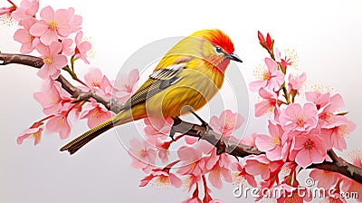 Realistic mountain yellow bird very fluffy on very light pink flowered sakura tree Stock Photo