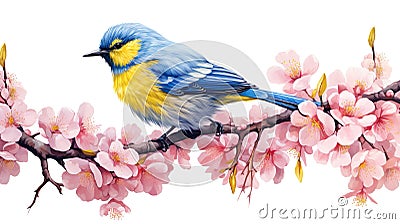 Realistic mountain yellow,blue bird very fluffy on very light pink flowered sakura tree Stock Photo